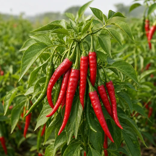 Red and green chillies growing on a chilli plant