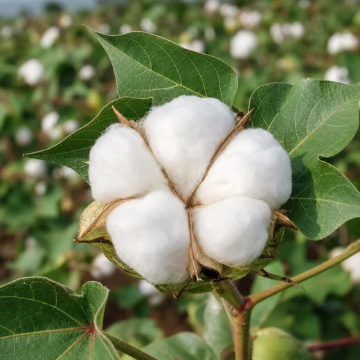 Open white cotton boll growing on a cotton plant