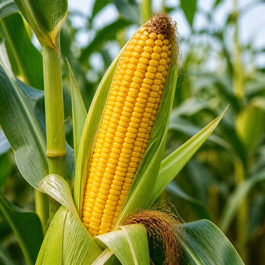 Ripe yellow maize cob growing on a maize plant