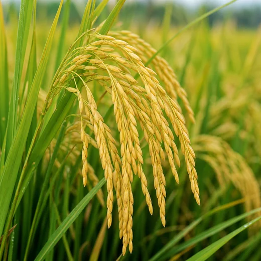 Golden paddy rice panicles growing in a field